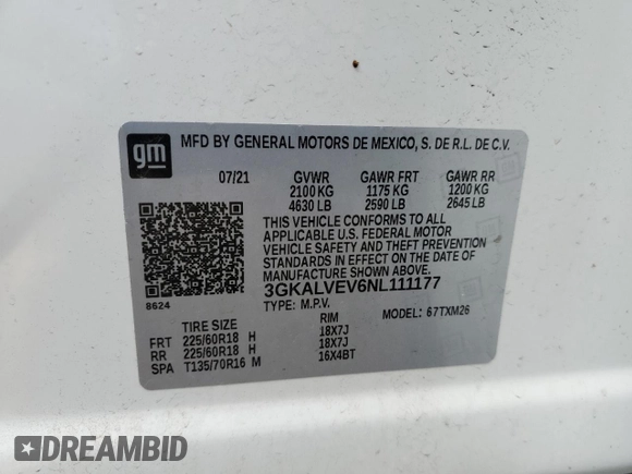 2022 GMC Terrain SLT with VIN 3GKALVEV6NL111177, listed as a Copart auction lot 54156145 with 34,484 mi miles and Salvage title. Bid and sale history available at DreamBid. Image 13.