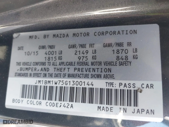 2016 Mazda Mazda3 i Touring with VIN JM1BM1W75G1300144, listed as a IAAI auction lot 41883503 with 112,927 mi miles. Bid and sale history available at carsss.com. Image 9.