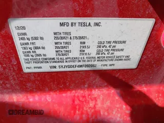 2021 Tesla Model Y Performance with VIN 5YJYGDEF4MF092062, listed as a IAAI auction lot 41583793 with 57,194 mi miles and . Bid and sale history available at DreamBid. Image 9.