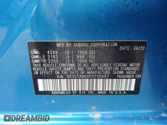 2023 Subaru Impreza with VIN 4S3GTAB60P3720467, listed as a Copart auction lot 47695905 with 21,721 mi miles and Salvage title. Bid and sale history available at DreamBid. Image 12.