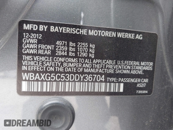 2013 BMW 5 Series 528i with VIN WBAXG5C53DDY36704, listed as a IAAI auction lot 41657370 with 119,045 mi miles and . Bid and sale history available at DreamBid. Image 9.