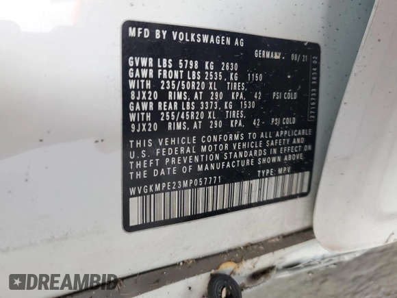 2021 Volkswagen ID.4 Pro S z VIN WVGKMPE23MP057771, wystawiony jako Copart lot #55903545 z przebiegiem 63 522 mil mil oraz Nie do naprawy • Non repairable. Historia ofert i sprzedaży dostępna na DreamBid. Obrazek 13.
