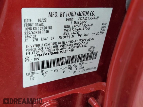 2022 Ford Mustang Mach-E Select with VIN 3FMTK1RM0NMA60749, listed as a Copart auction lot 56559175 with 35,155 mi miles and Salvage title. Bid and sale history available at DreamBid. Image 14.