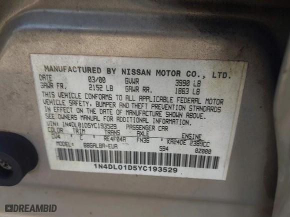 2000 Nissan Altima XE with VIN 1N4DL01D5YC193529, listed as a IAAI auction lot 41834611 with 206,816 mi miles. Bid and sale history available at carsss.com. Image 9.