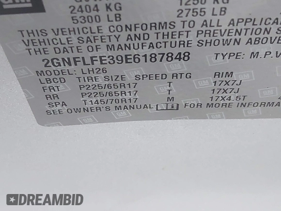 2014 Chevrolet Equinox LT with VIN 2GNFLFE39E6187848, listed as a IAAI auction lot 41859335 with 92,703 mi miles. Bid and sale history available at carsss.com. Image 9.