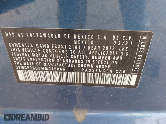2021 Volkswagen Jetta S z VIN 3VWC57BU6MM046066, wystawiony jako IAAI lot #42199064 z przebiegiem 86 394 mil mil oraz . Historia ofert i sprzedaży dostępna na DreamBid. Obrazek 9.