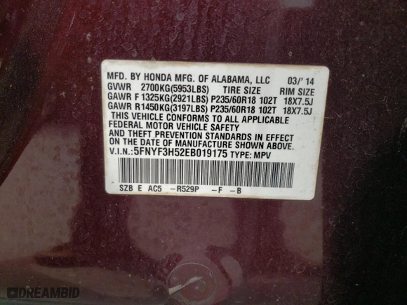 2014 Honda Pilot EX-L with VIN 5FNYF3H52EB019175, listed as a Copart auction lot 47628855 with 141,659 mi miles and Salvage Title. Bid and sale history available at carsss.com. Image 15.