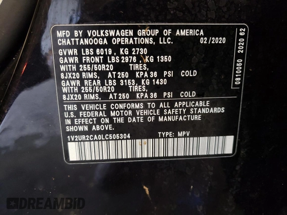 2020 Volkswagen Atlas SE with VIN 1V2UR2CA0LC505304, listed as a Copart auction lot 38771363 with 36,451 mi miles and . Bid and sale history available at DreamBid. Image 14.