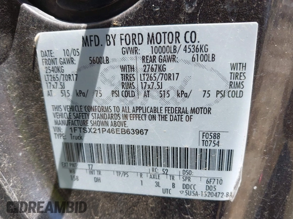 2006 Ford F-250 XL с VIN 1FTSX21P46EB63967, выставлен на аукционе IAAI как лот 42448401 с пробегом 258 781 миль миль и . История ставок и продаж доступна на DreamBid. Изображение 9.