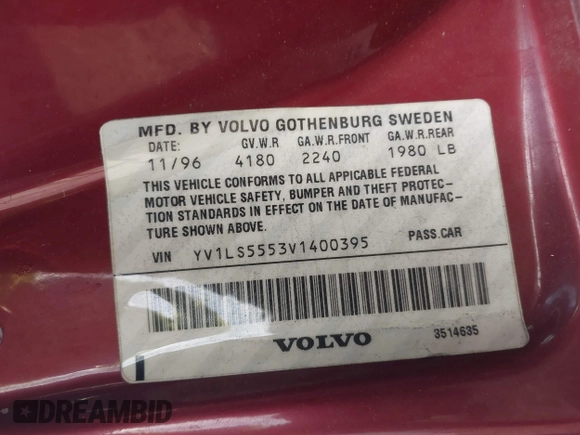 1997 Volvo 850 GT с VIN YV1LS5553V1400395, выставлен на аукционе IAAI как лот 41887637 с пробегом 88 192 миль миль и . История ставок и продаж доступна на DreamBid. Изображение 9.