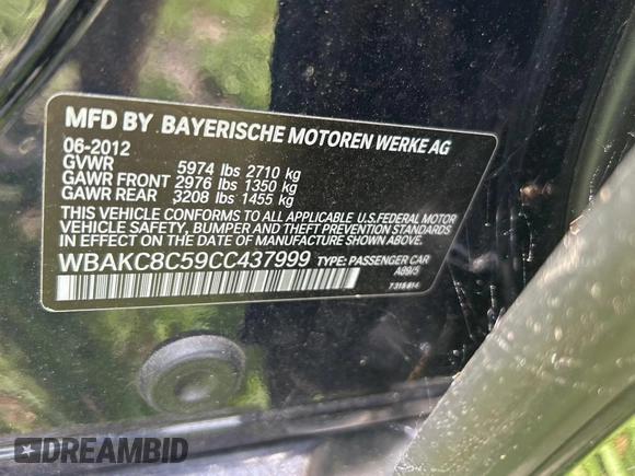 2012 BMW 7 Series 750Li xDrive with VIN WBAKC8C59CC437999, listed as a Copart auction lot 59036005 with 145,420 mi miles and Clean title. Bid and sale history available at DreamBid. Image 10.