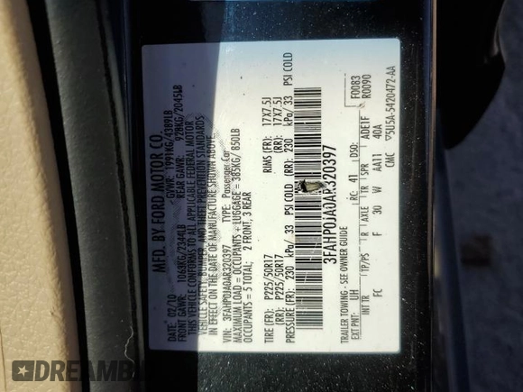 2010 Ford Fusion SEL with VIN 3FAHP0JA0AR320397, listed as a Copart auction lot 48071715 with 201,471 mi miles and Salvage Title. Bid and sale history available at DreamBid. Image 15.