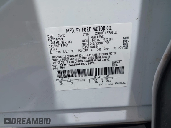 2020 Ford Edge SE z VIN 2FMPK3G90LBB05473, wystawiony jako IAAI lot #42447819 z przebiegiem 69 612 mil mil oraz . Historia ofert i sprzedaży dostępna na DreamBid. Obrazek 9.