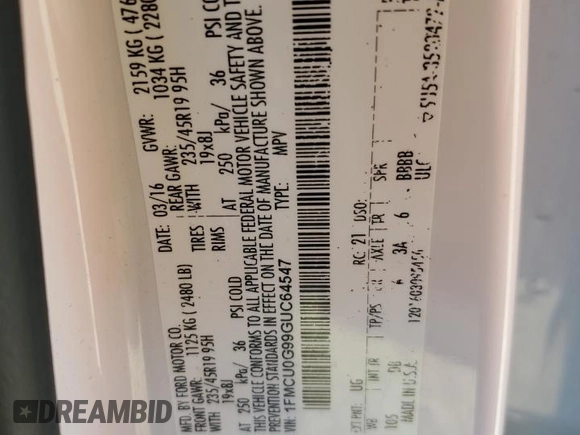 2016 Ford Escape SE with VIN 1FMCU0G99GUC64547, listed as a Copart auction lot 42103755 with 185,331 mi miles and Salvage Title. Bid and sale history available at carsss.com. Image 15.
