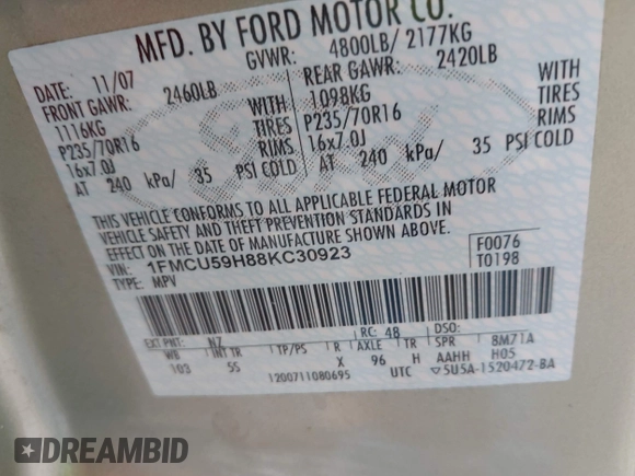 2008 Ford Escape Hybrid with VIN 1FMCU59H88KC30923, listed as a IAAI auction lot 42440706 with 98,635 mi miles and . Bid and sale history available at DreamBid. Image 9.