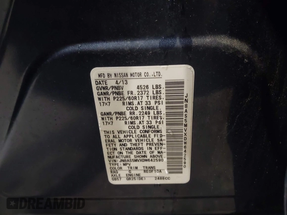 2013 Nissan Rogue S with VIN JN8AS5MVXDW642590, listed as a IAAI auction lot 42213521 with 164,109 mi miles and . Bid and sale history available at DreamBid. Image 9.
