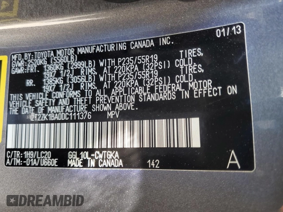 2013 Lexus RX 350 с VIN 2T2ZK1BA0DC111376, выставлен на аукционе Copart как лот 63836945 с пробегом 83 757 миль миль и Списание • Salvage title. История ставок и продаж доступна на DreamBid. Изображение 14.