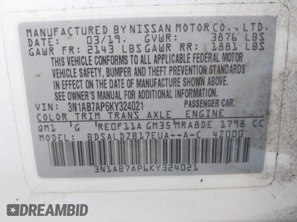 2019 Nissan Sentra SV with VIN 3N1AB7AP6KY324021, listed as a IAAI auction lot 42029000 with 89,179 mi miles and . Bid and sale history available at DreamBid. Image 9.