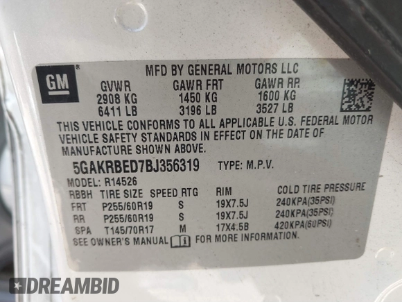 2011 Buick Enclave CXL-1 with VIN 5GAKRBED7BJ356319, listed as a IAAI auction lot 41836578 with 160,261 mi miles. Bid and sale history available at carsss.com. Image 9.