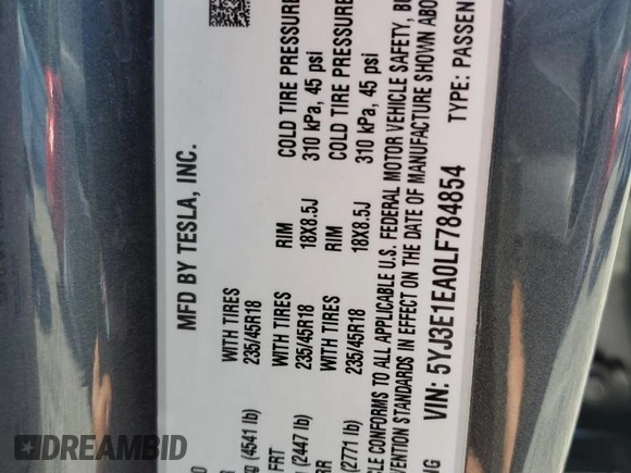 2020 Tesla Model 3 Standard Range Plus with VIN 5YJ3E1EA0LF784854, listed as a Copart auction lot 54994055 with 43,055 mi miles and Non Repairable. Bid and sale history available at DreamBid. Image 12.