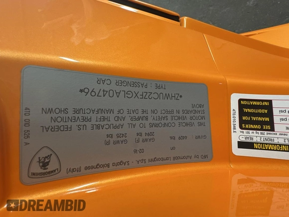 2016 Lamborghini Huracan z VIN ZHWUC2ZFXGLA04796, wystawiony jako Copart lot #45041295 z przebiegiem 23 094 mil mil oraz Czysty tytuł • Clean title. Historia ofert i sprzedaży dostępna na DreamBid. Obrazek 10.