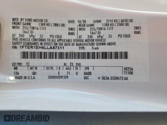 2020 Ford Ranger XL with VIN 1FTER1EH6LLA87311, listed as a Copart auction lot 43785185 with Not Provided miles and Salvage Title. Bid and sale history available at DreamBid. Image 12.