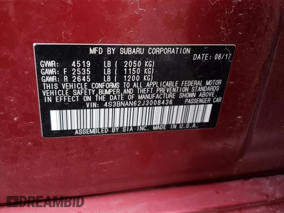 2018 Subaru Legacy Limited with VIN 4S3BNAN62J3008436, listed as a Copart auction lot 67919373 with 35,392 mi miles. Bid and sale history available at carsss.com. Image 12.