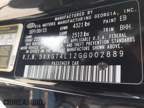 2016 Kia Optima LX Turbo with VIN 5XXGT4L12GG002889, listed as a IAAI auction lot 41989834 with 107,421 mi miles. Bid and sale history available at carsss.com. Image 9.