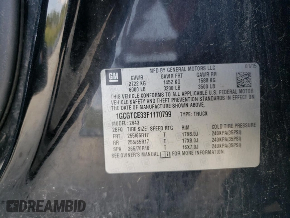 2015 Chevrolet Colorado 4WD Z71 with VIN 1GCGTCE33F1170799, listed as a Copart auction lot 60616155 with 202,462 mi miles and Clean title. Bid and sale history available at DreamBid. Image 12.