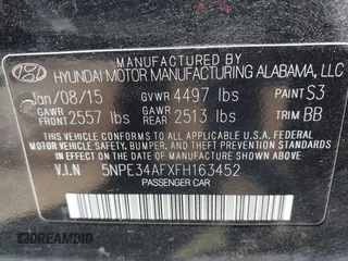 2015 Hyundai Sonata 2.4L Sport with VIN 5NPE34AFXFH163452, listed as a IAAI auction lot 41946262 with 47,730 mi miles. Bid and sale history available at carsss.com. Image 9.
