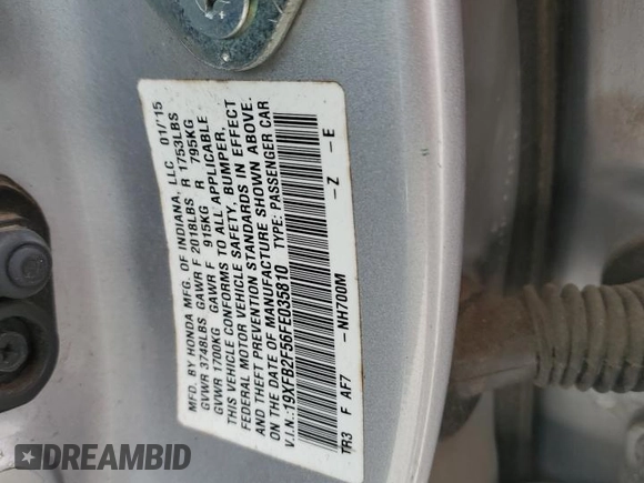 2015 Honda Civic Sedan LX with VIN 19XFB2F56FE035810, listed as a Copart auction lot 50089945 with 143,039 mi miles and Salvage Title. Bid and sale history available at carsss.com. Image 14.