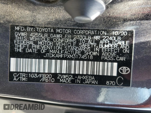 2021 Toyota Prius LE z VIN JTDKAMFPXM3174518, wystawiony jako Copart lot #58854495 z przebiegiem 83 445 mil mil oraz Szkoda całkowita • Salvage title. Historia ofert i sprzedaży dostępna na DreamBid. Obrazek 12.