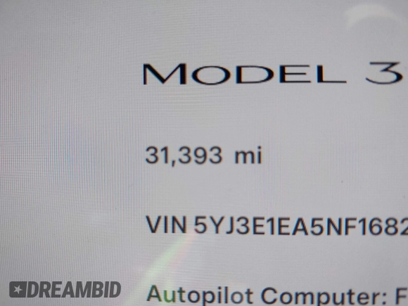 2022 Tesla Model 3 with VIN 5YJ3E1EA5NF168201, listed as a IAAI auction lot 41855273 with 31,393 mi miles and . Bid and sale history available at DreamBid. Image 7.