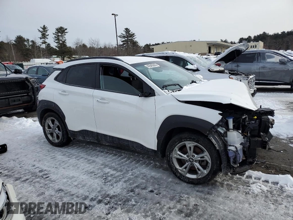 2023 Hyundai Kona SEL with VIN KM8K6CAB3PU970951, listed as a Copart auction lot 42945845 with Not Provided miles and Salvage Title. Bid and sale history available at DreamBid. Image 4.