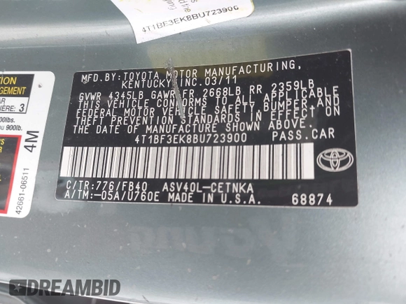 2011 Toyota Camry LE z VIN 4T1BF3EK8BU723900, wystawiony jako IAAI lot #42298997 z przebiegiem 189 130 mil mil oraz . Historia ofert i sprzedaży dostępna na DreamBid. Obrazek 9.