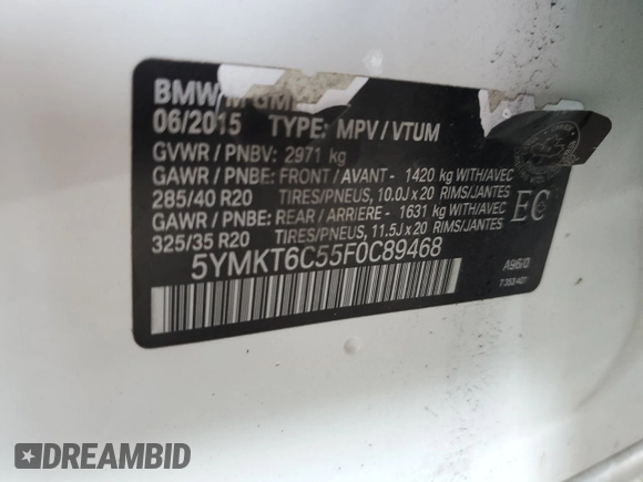 2015 BMW X5 M z VIN 5YMKT6C55F0C89468, wystawiony jako Copart lot #75391074 z przebiegiem Nie podano mil oraz Szkoda całkowita • Salvage title. Historia ofert i sprzedaży dostępna na DreamBid. Obrazek 15.