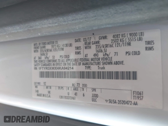 2017 Ford Transit with VIN 1FTYR3XMXHKA94214, listed as a IAAI auction lot 41640064 with 213,901 mi miles and . Bid and sale history available at DreamBid. Image 9.