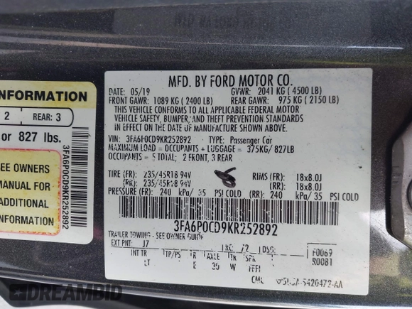 2019 Ford Fusion SEL with VIN 3FA6P0CD9KR252892, listed as a IAAI auction lot 41087776 with 109,498 mi miles and . Bid and sale history available at DreamBid. Image 9.