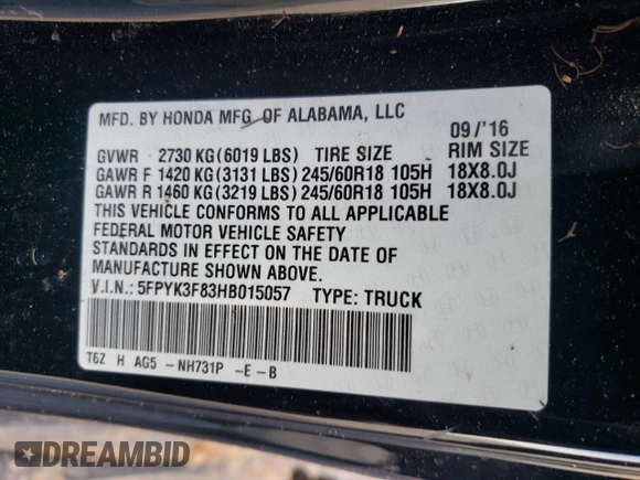 2017 Honda Ridgeline Black Edition with VIN 5FPYK3F83HB015057, listed as a Copart auction lot 49968565 with 107,317 mi miles and Salvage title. Bid and sale history available at DreamBid. Image 12.