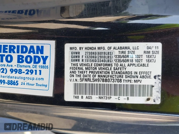 2011 Honda Odyssey Touring with VIN 5FNRL5H97BB073708, listed as a IAAI auction lot 42409164 with 141,986 mi miles and . Bid and sale history available at DreamBid. Image 9.