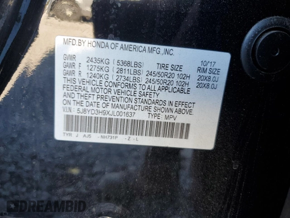 2018 Acura MDX Advance with VIN 5J8YD3H9XJL001637, listed as a Copart auction lot 76556854 with 76,886 mi miles and Salvage Title. Bid and sale history available at DreamBid. Image 16.