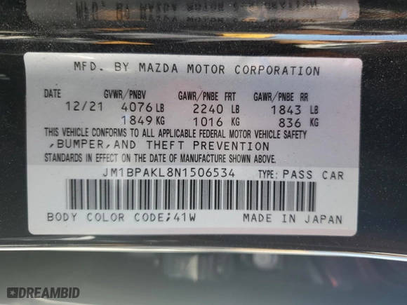 2022 Mazda Mazda3 Hatchback Select with VIN JM1BPAKL8N1506534, listed as a Copart auction lot 69257814 with 0 mi miles and Salvage Title. Bid and sale history available at carsss.com. Image 13.