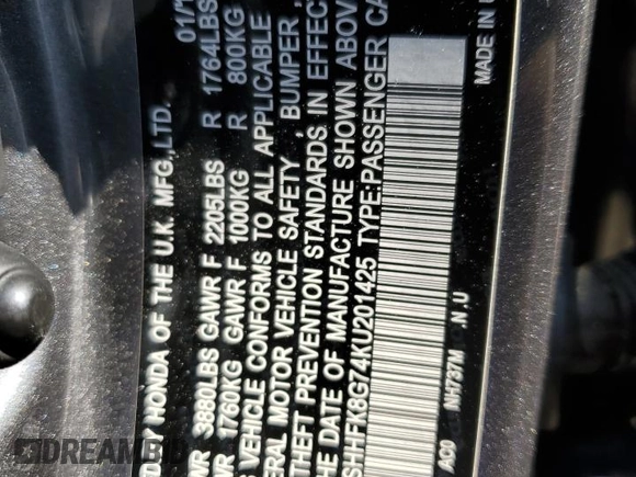 2019 Honda Civic Type R Touring z VIN SHHFK8G74KU201425, wystawiony jako Copart lot #49583654 z przebiegiem 25 603 mil mil oraz Nie do naprawy • Non repairable. Historia ofert i sprzedaży dostępna na DreamBid. Obrazek 12.
