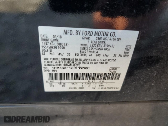 2018 Ford Explorer Limited with VIN 1FM5K8F82JGB57691, listed as a Copart auction lot 59393015 with 122,454 mi miles and Salvage title. Bid and sale history available at DreamBid. Image 13.