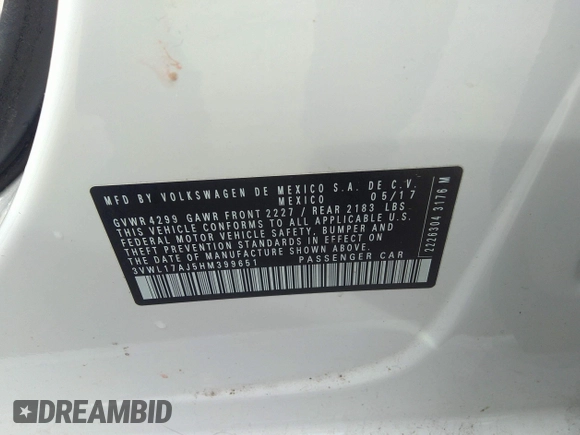 2017 Volkswagen Jetta SEL with VIN 3VWL17AJ5HM399651, listed as a IAAI auction lot 39023628 with Not provided miles and . Bid and sale history available at DreamBid. Image 9.