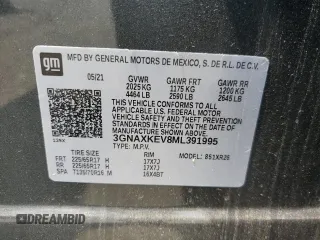 2021 Chevrolet Equinox LT with VIN 3GNAXKEV8ML391995, listed as a Copart auction lot 60400895 with 95,315 mi miles and Salvage title. Bid and sale history available at DreamBid. Image 14.
