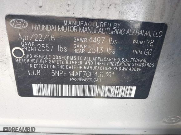 2016 Hyundai Sonata 2.4L Sport with VIN 5NPE34AF7GH431391, listed as a IAAI auction lot 41880383 with 123,546 mi miles. Bid and sale history available at carsss.com. Image 9.