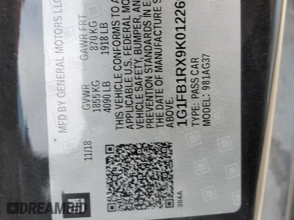 2019 Chevrolet Camaro 1LS with VIN 1G1FB1RX9K0122698, listed as a Copart auction lot 41422445 with 97,937 mi miles and Salvage Title. Bid and sale history available at carsss.com. Image 13.