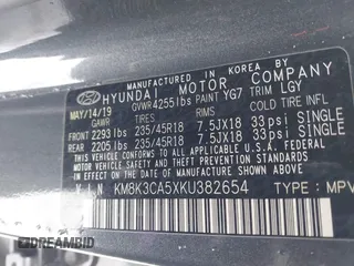 2019 Hyundai Kona Limited with VIN KM8K3CA5XKU382654, listed as a IAAI auction lot 41548709 with 82,089 mi miles. Bid and sale history available at carsss.com. Image 9.