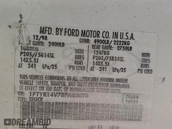 1999 Ford Ranger XL with VIN 1FTYR14V7XPA65093, listed as a Copart auction lot 51599395 with 165,252 mi miles and Salvage Title. Bid and sale history available at carsss.com. Image 14.